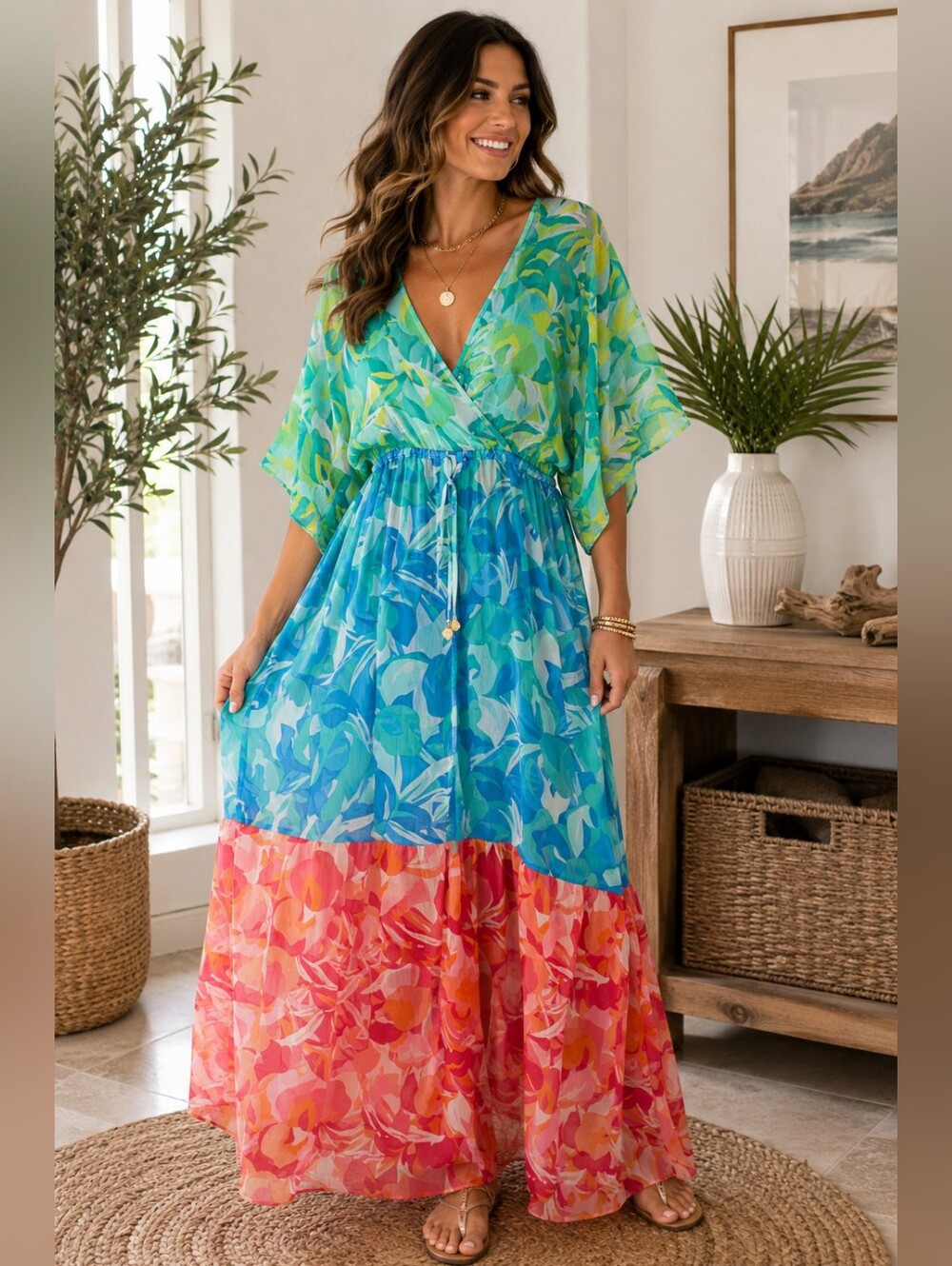 Bleu Rod Beattie Tropical Floral Colorblock Maxi Dress Medium Resort Vacation